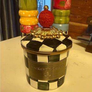 MacKenzie-Childs Black and White Checkered Canister with Red and Gold Accents